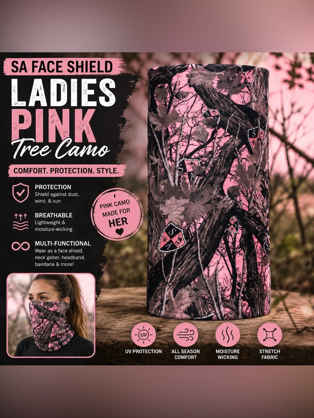 Ladies Pink Tree Camo Neck Gaiter